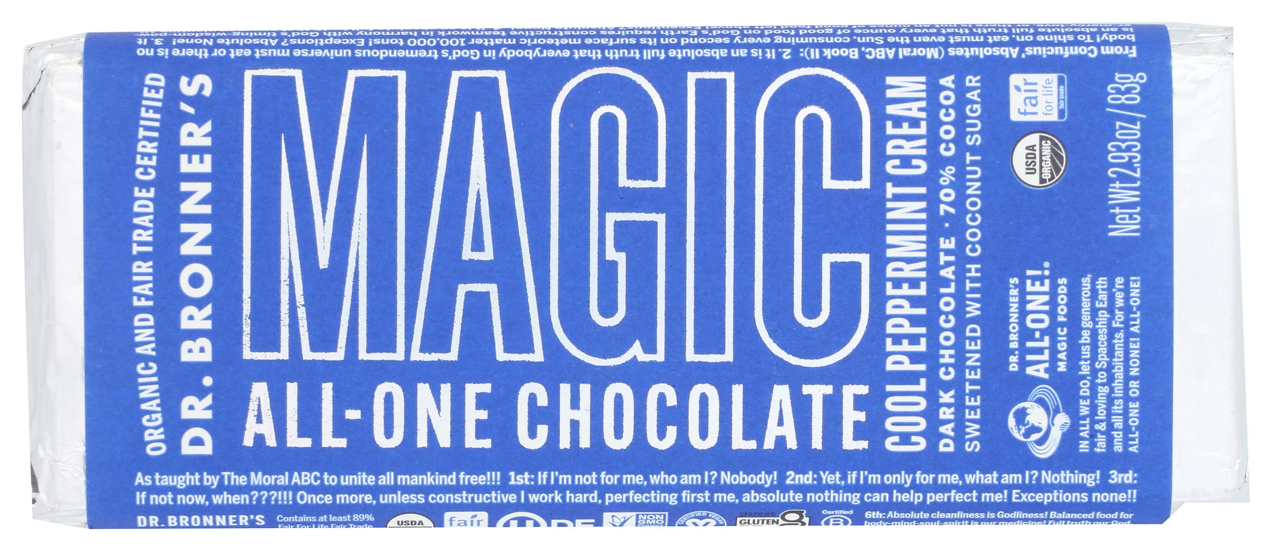 Dr. Bronner's Magic Chocolate Organic Dark Chocolate Peppermint Cream Bar, Case of 12, 2.93 Ounce Bars