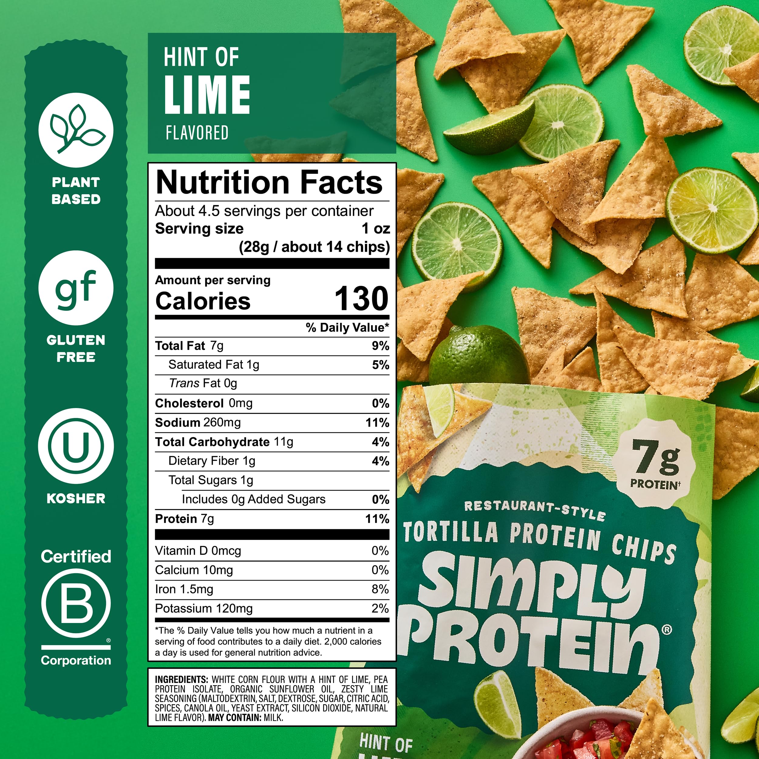 Simply Protein Hint of Lime Restaurant Style Tortilla Chips, Case of 6, 4.58 Ounce Bags