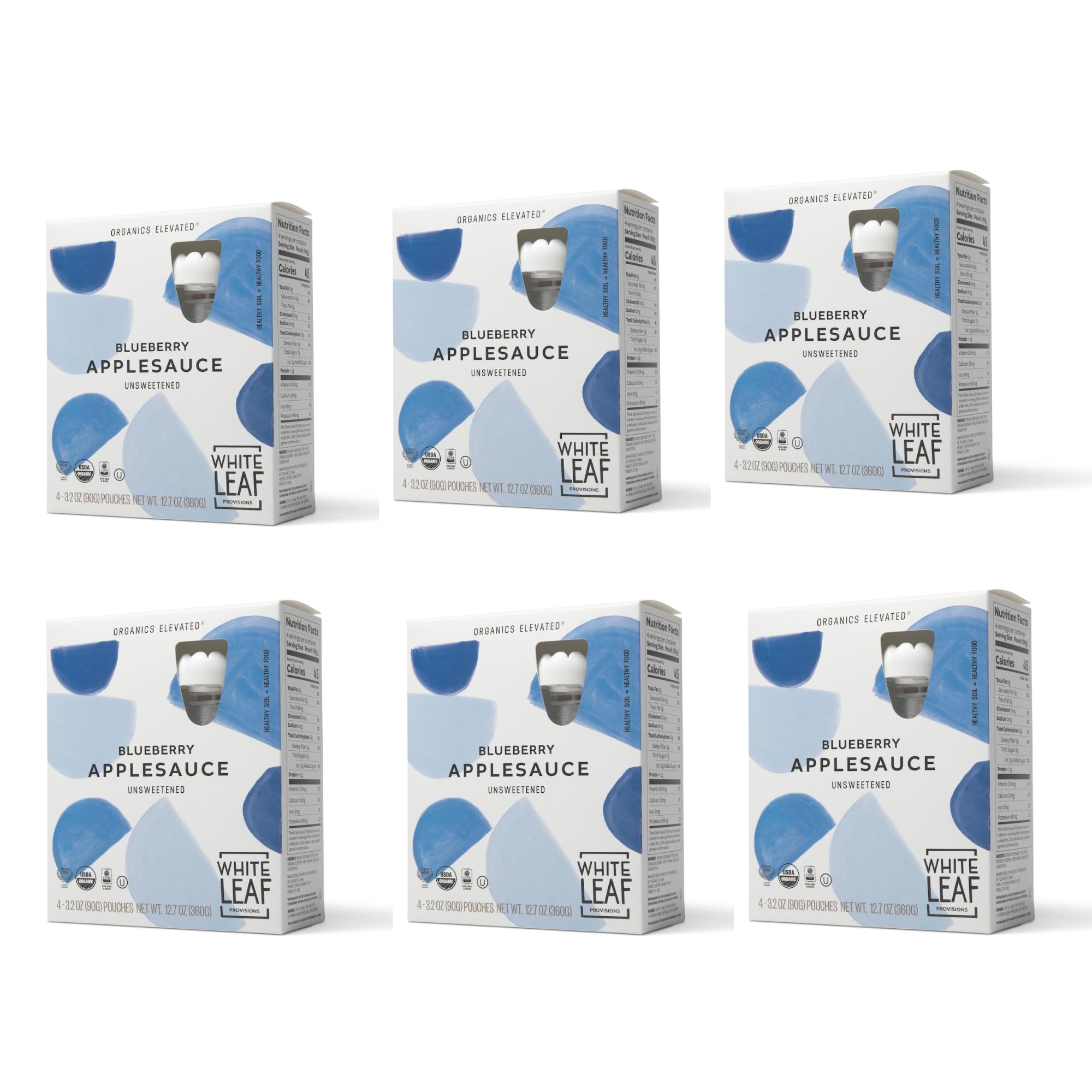 White Leaf Provisions Organic Unsweetened Blueberry Applesauce, Case of 6, 4 Count, 3.2 Ounce Pouches