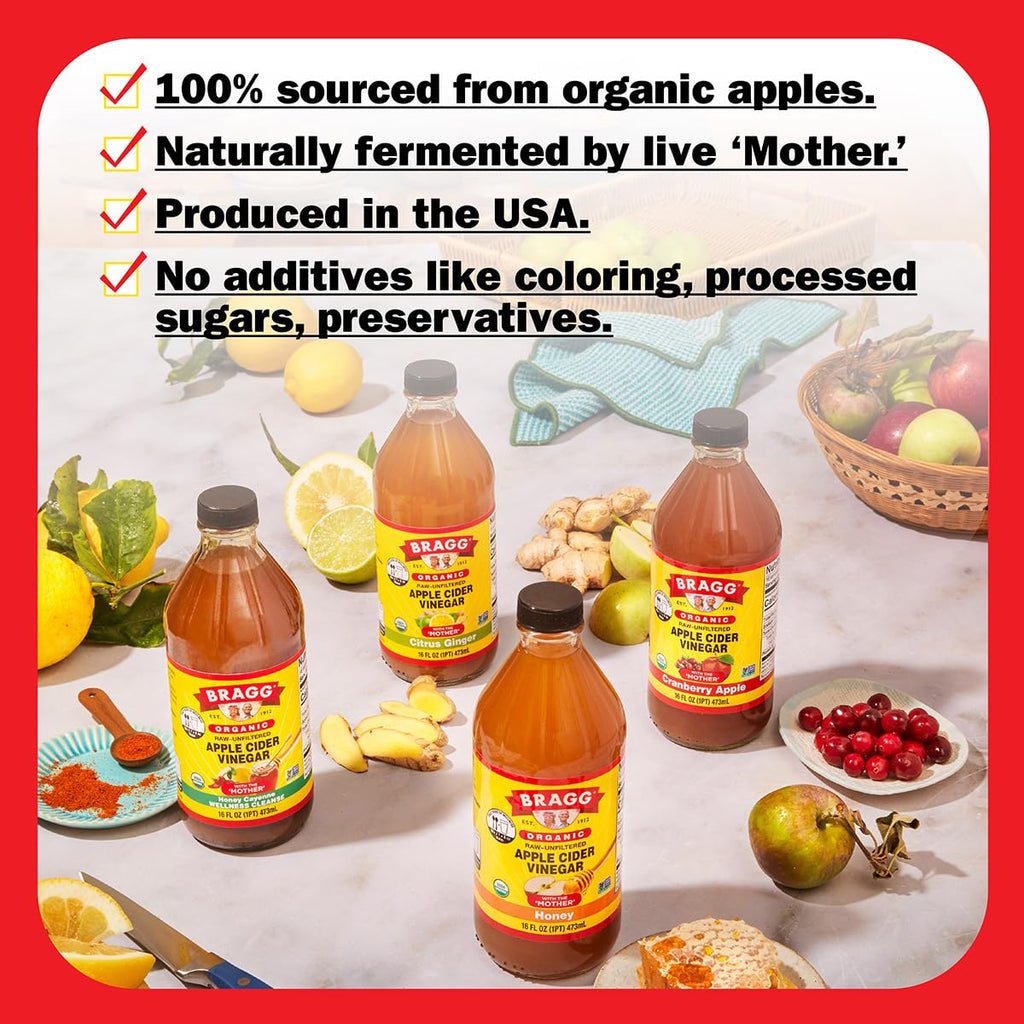 Bragg Organic Apple Cider Vinegar Honey Blend with The Mother, Case of 6, 16 fl oz