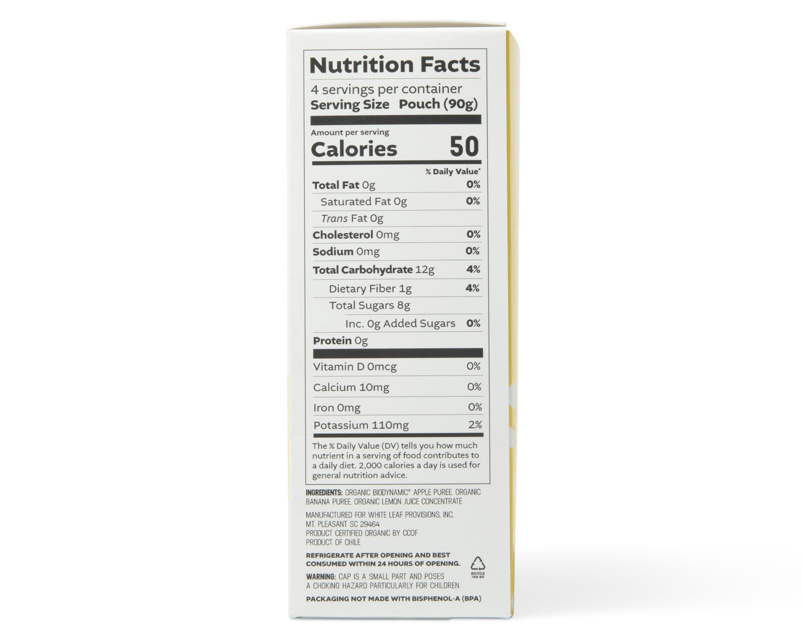 White Leaf Provisions Organic Unsweetened Banana Applesauce, Case of 6, 4-Pack 3.2 Ounce Pouches
