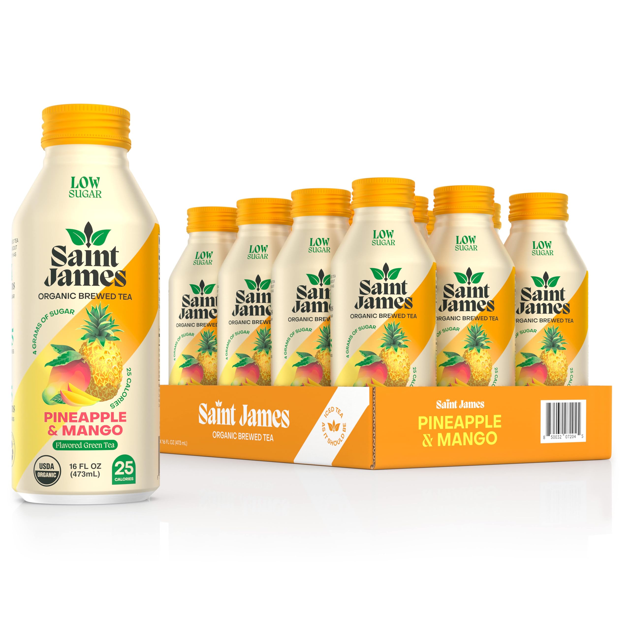 Saint James Organic Pineapple Mango Green Tea, Case of 12, 16 Fluid Ounce Cans