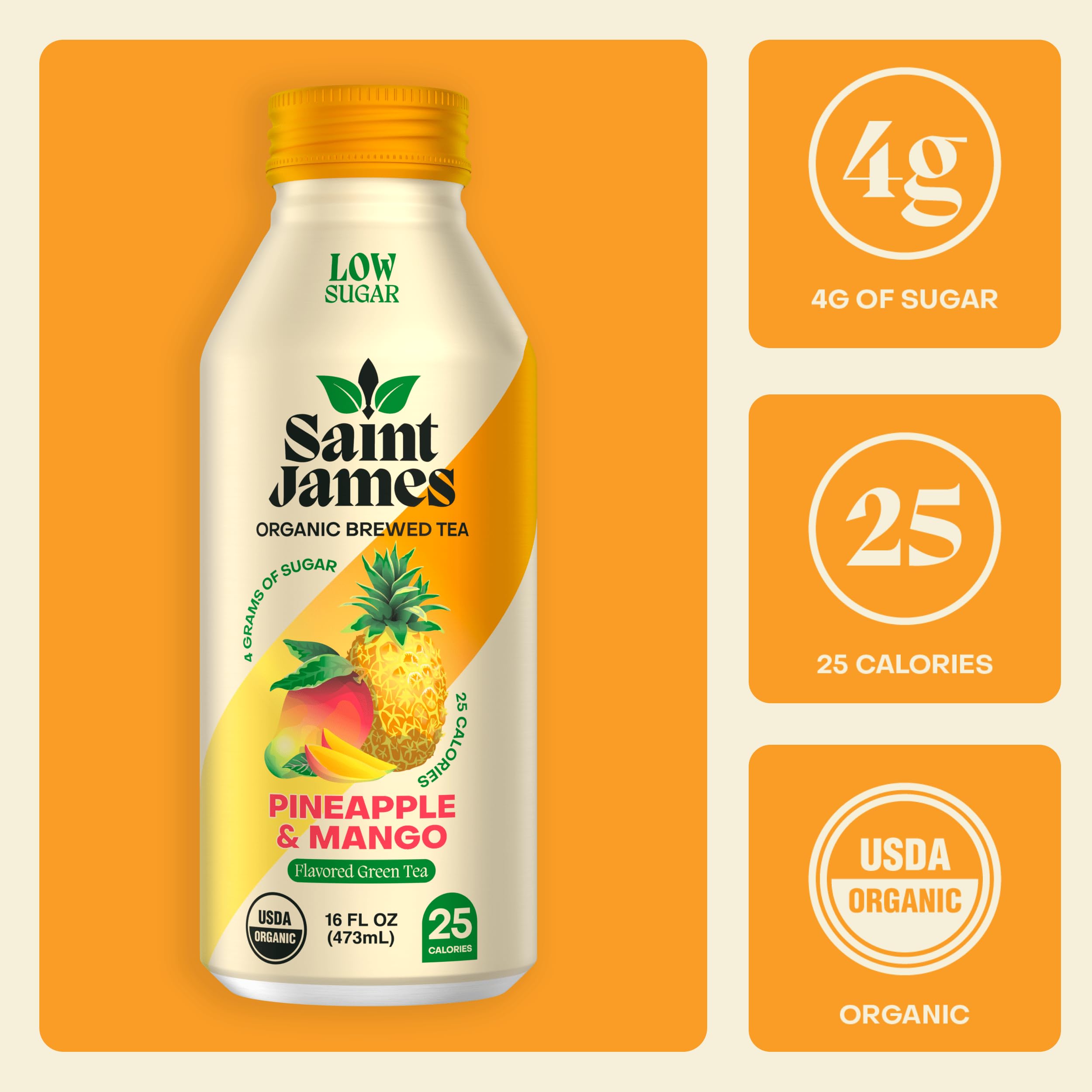 Saint James Organic Pineapple Mango Green Tea, Case of 12, 16 Fluid Ounce Cans