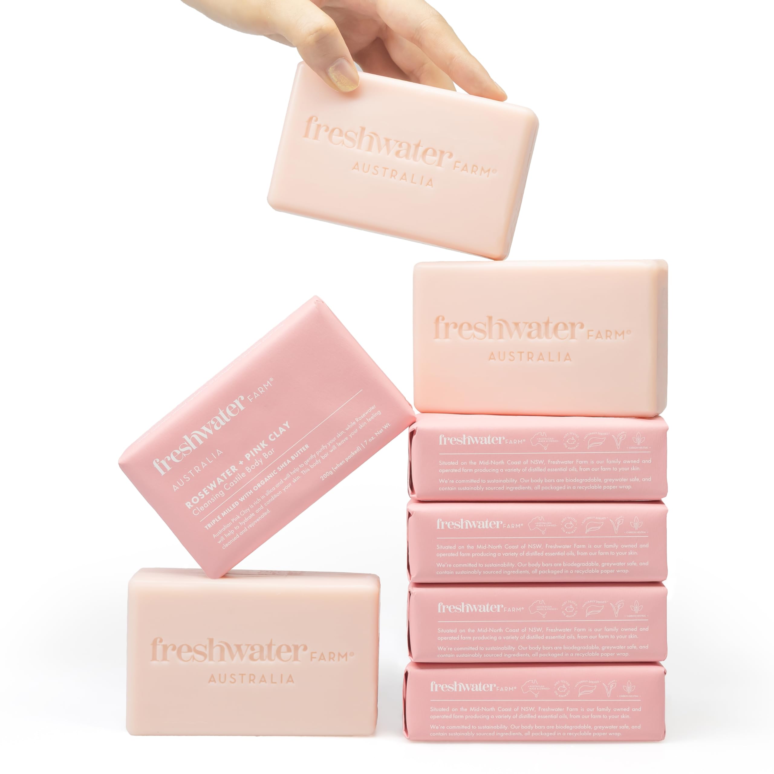 Freshwater Farm Australia Rosewater Pink Clay Body Bar, Case of 8, 7 Ounces Each