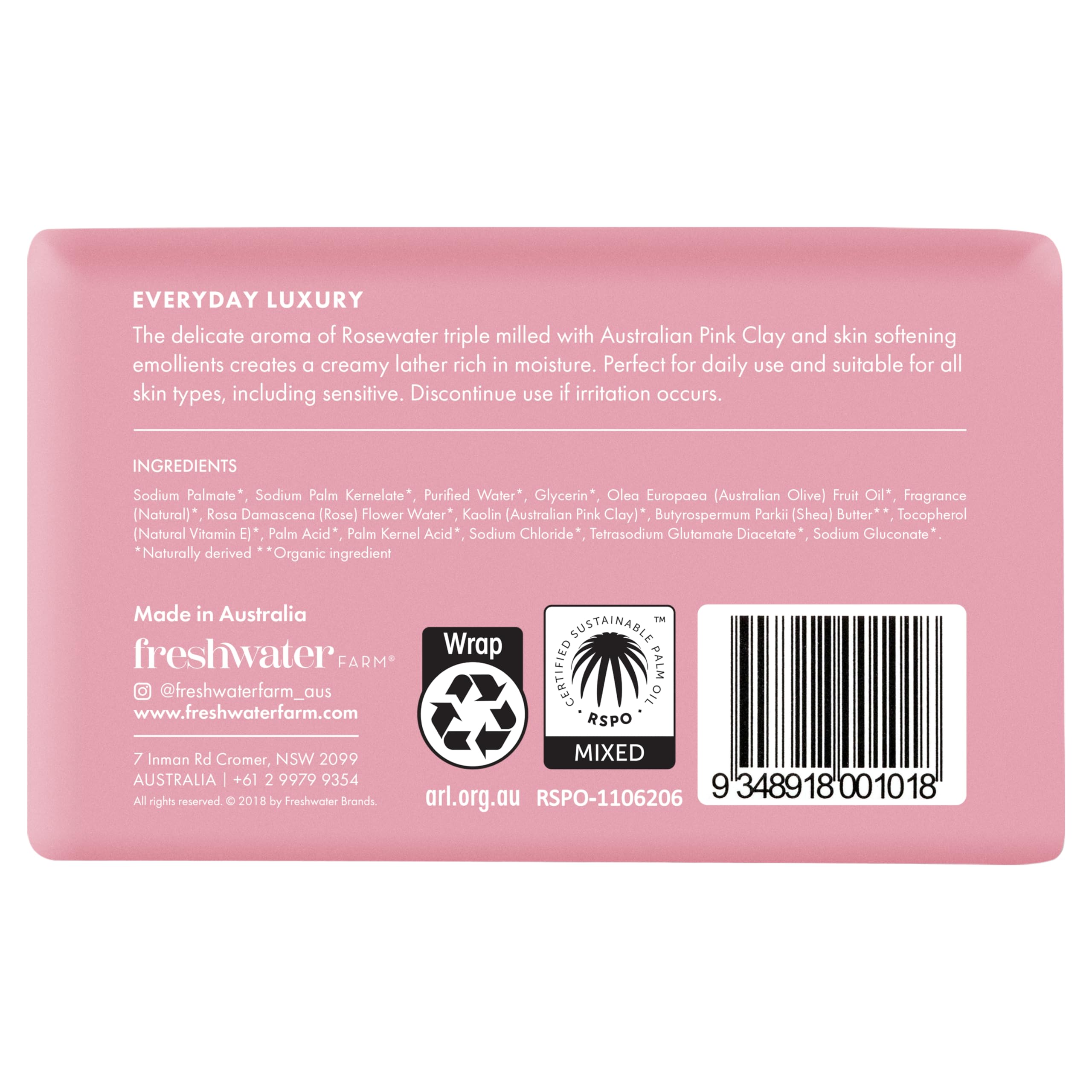 Freshwater Farm Australia Rosewater Pink Clay Body Bar, Case of 8, 7 Ounces Each