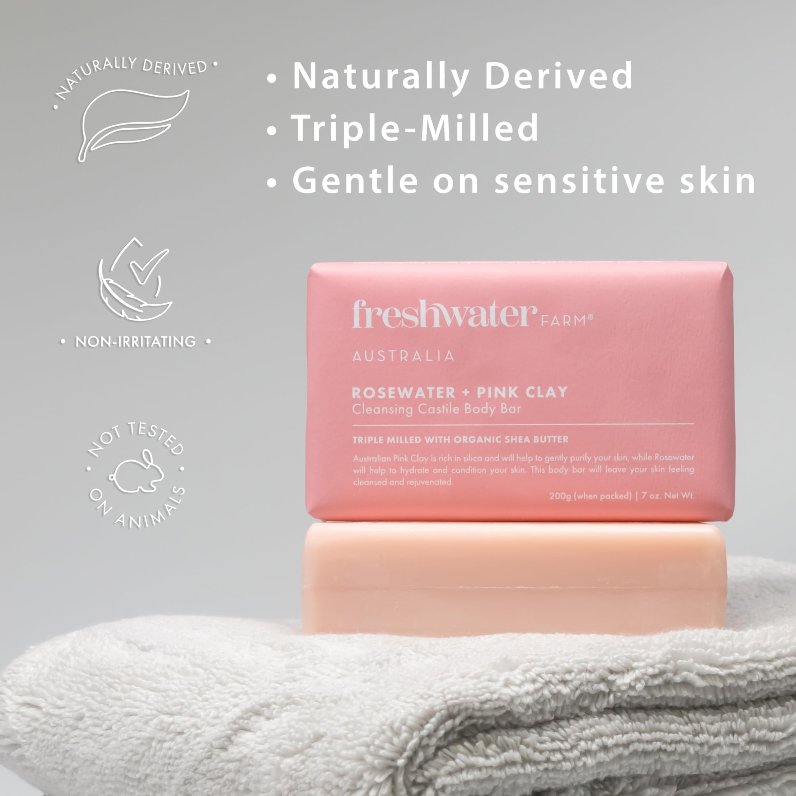 Freshwater Farm Australia Rosewater Pink Clay Body Bar, Case of 8, 7 Ounces Each