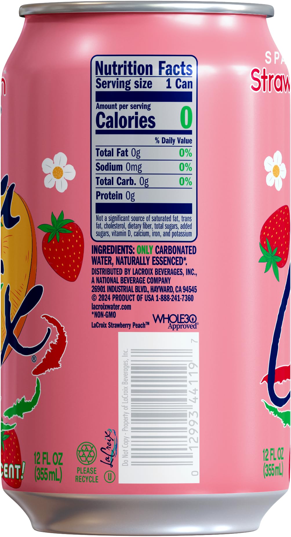 LaCroix Strawberry Peach Sparkling Water, Case of 3, 8 Pack, 12 Fluid Ounce Cans