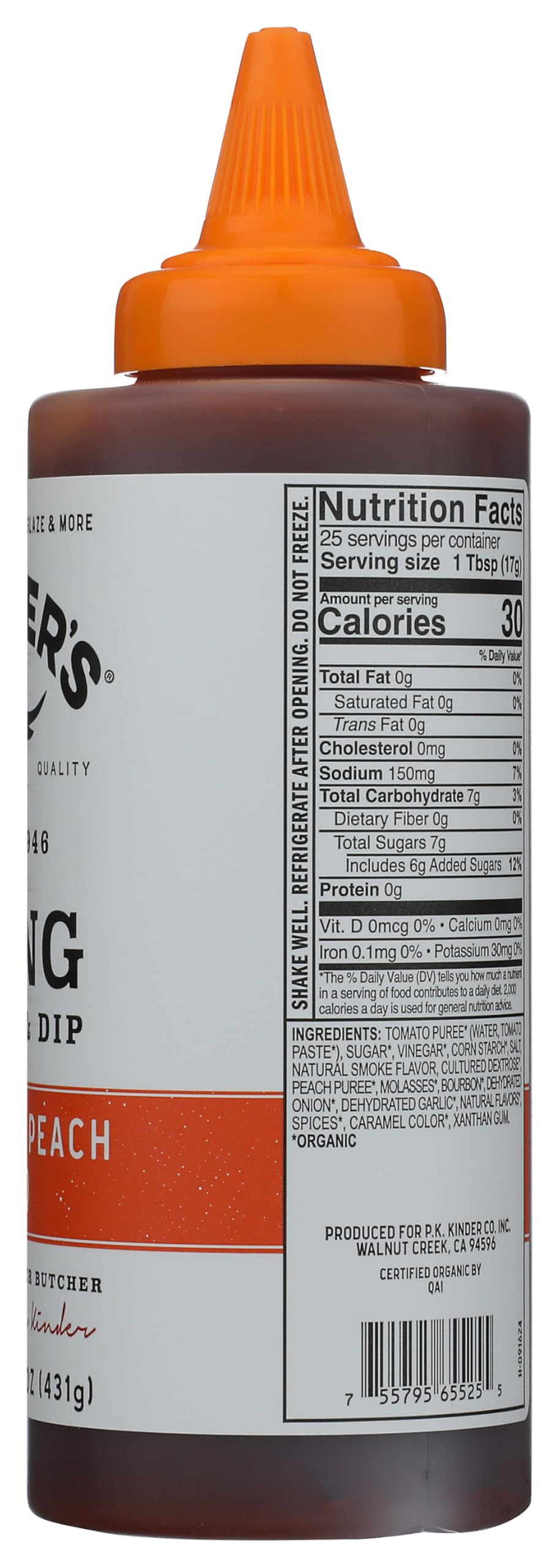 Kinder's Organic Bourbon Peach Barbecue Sauce, 15.2 Ounce, Case of 6