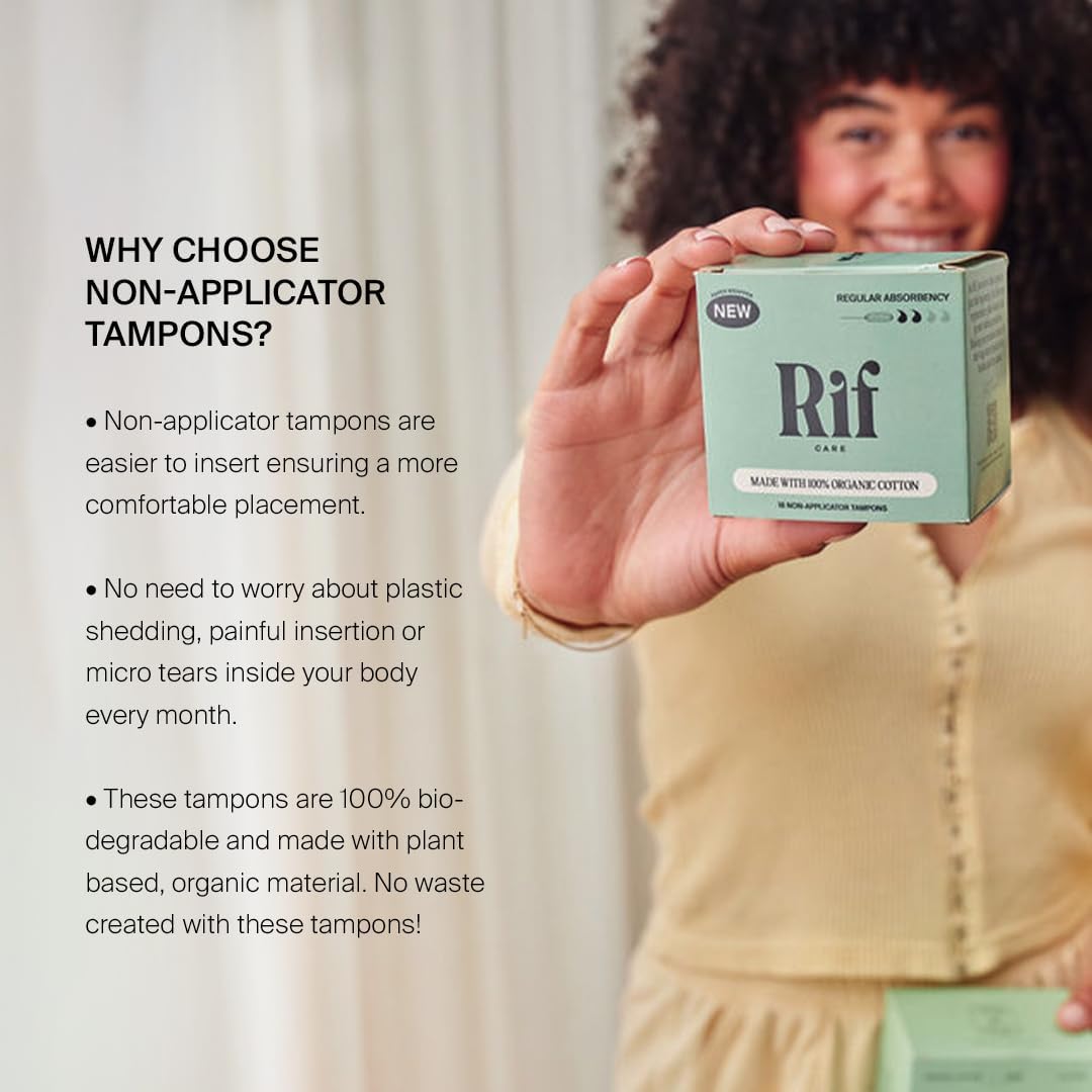 Rif Care Organic Cotton Non-Applicator Tampons, Regular Absorbency, 18 Count