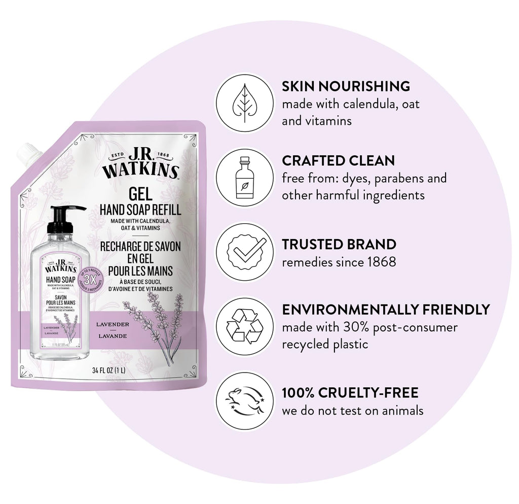 J.R. Watkins Lavender Gel Hand Soap Refill, Case of 2, 34 fl oz Each