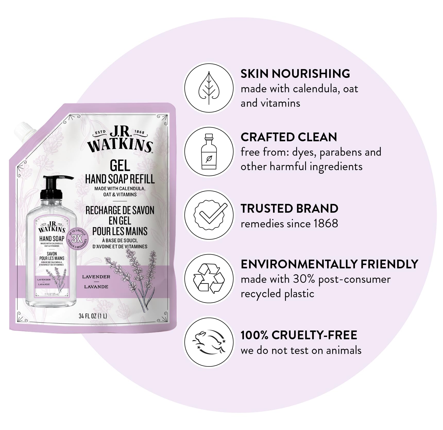 J.R. Watkins Lavender Gel Hand Soap Refill, Case of 2, 34 fl oz Each