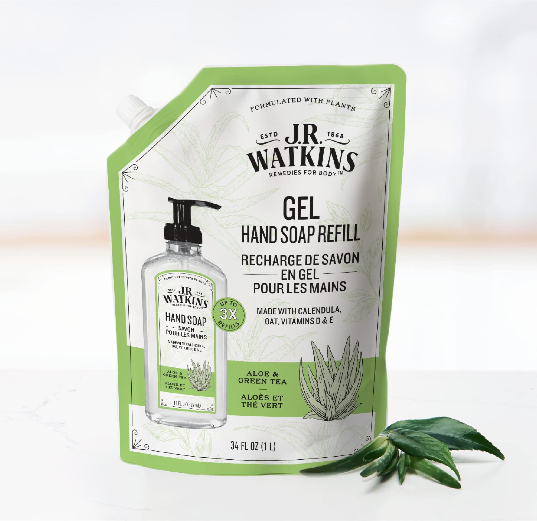 J.R. Watkins Aloe and Green Tea Gel Hand Soap Refill, Case of 2, 34 Fluid Ounce