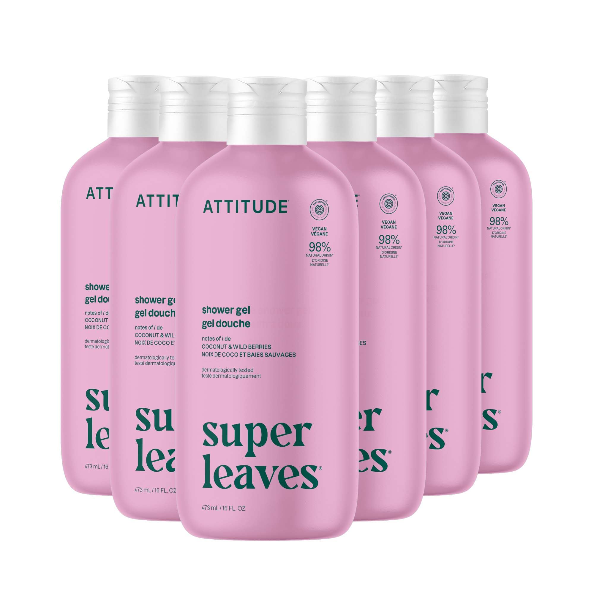 Attitude Super Leaves Coconut Wild Berries Shower Gel, Case of 6, 16 Fl Oz