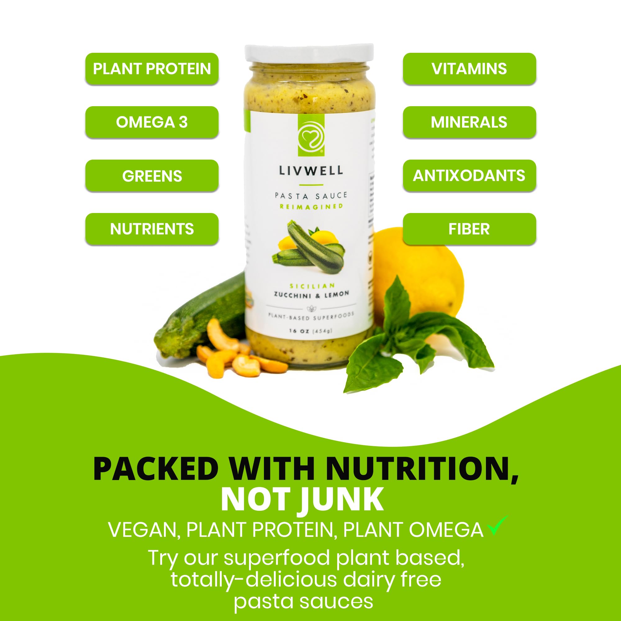 Livwell Zucchini Lemon Pasta Sauce, Case of 6, 16 Fluid Ounce Jars