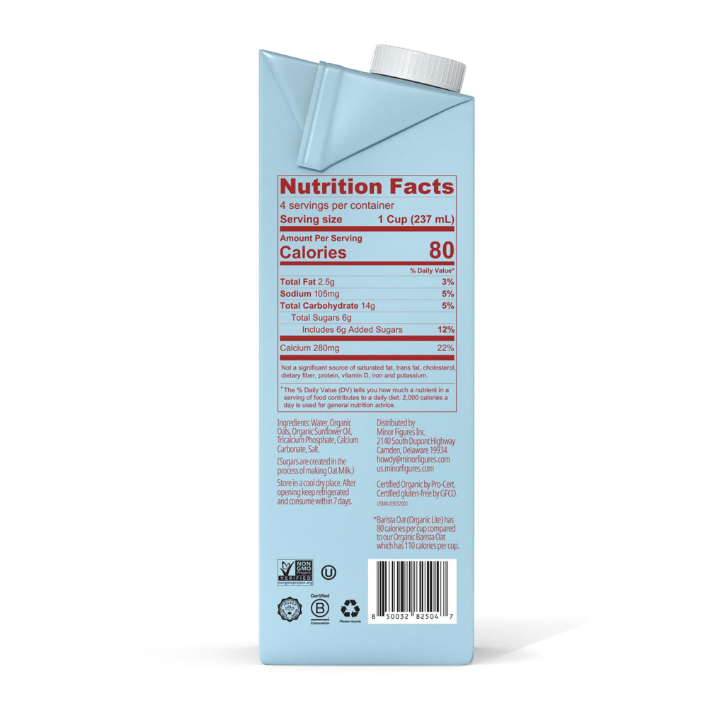 Minor Figures Organic Light Oat Milk, Case of 6, 32 Fluid Ounce Cartons