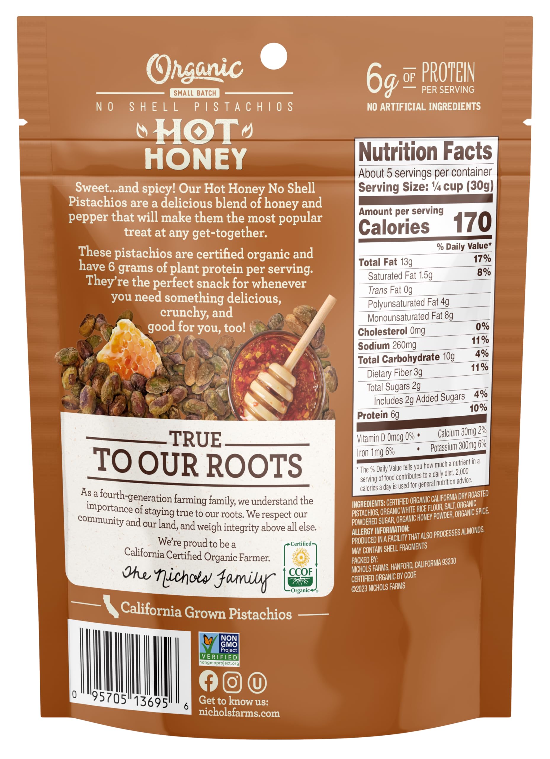 Nichols Farms Organic Hot Honey No Shell Pistachios, Case of 12, 5 Ounce