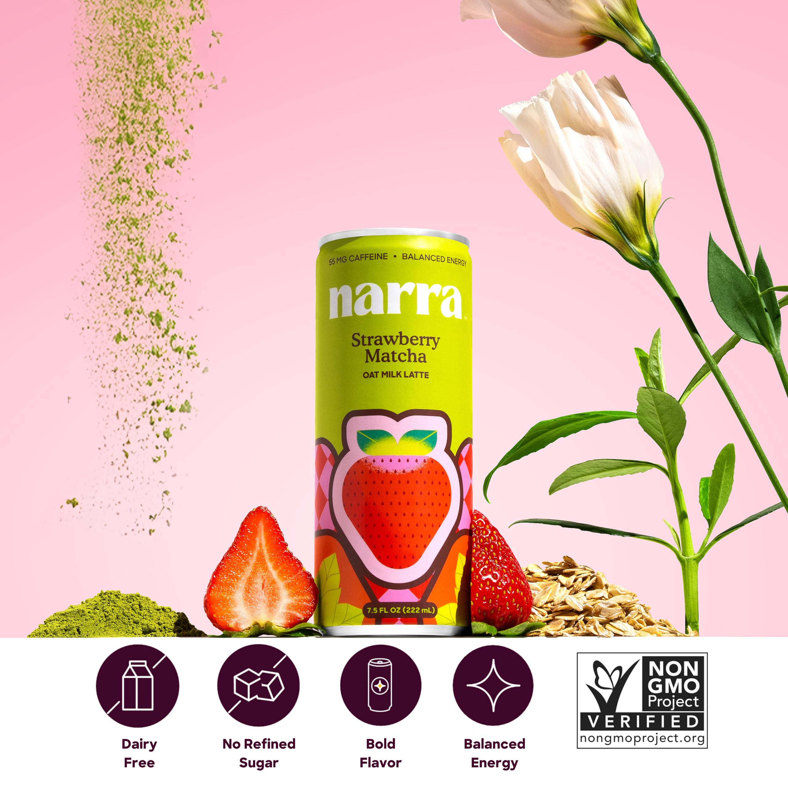 Narra Strawberry Oat Milk Latte, Case of 12, 7.5 fl oz Cans