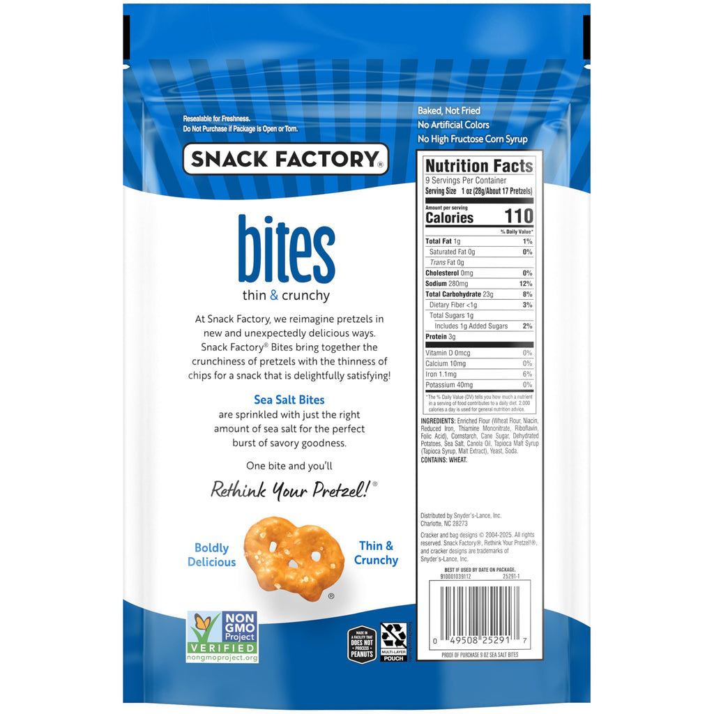 Snack Factory Sea Salt Pretzel Snack Bites, Case of 12, 9 Ounce Bags