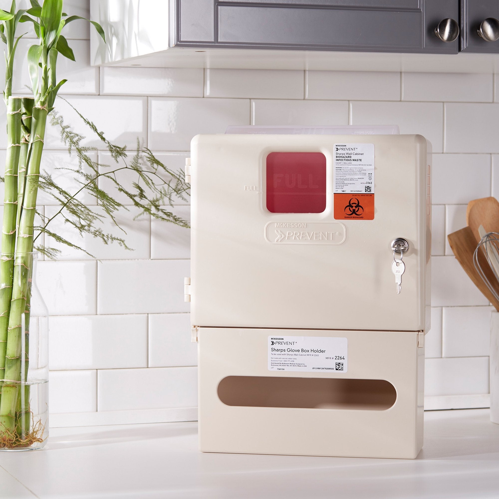 McKesson Prevent® Sharps Wall Cabinet with Glove Box, 12¼ x 4¾ x 15 Inch 2265