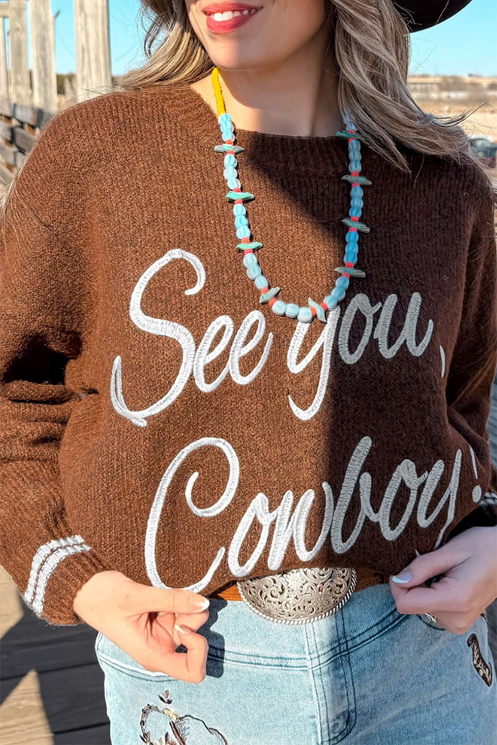 Peach Blossom Letter Embroidered Graphic Sweater