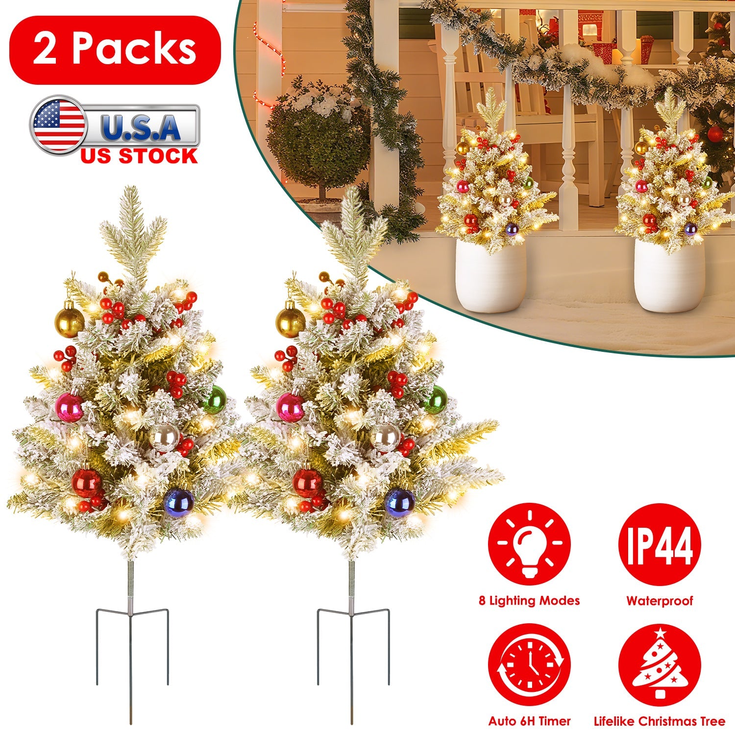 2Pcs Battery Powered Lighted Christmas Tree Urn Filler With Light Artificial Xmas Trees Light with Berries Balls LED Pathway Pine Tree IP44 Waterproof