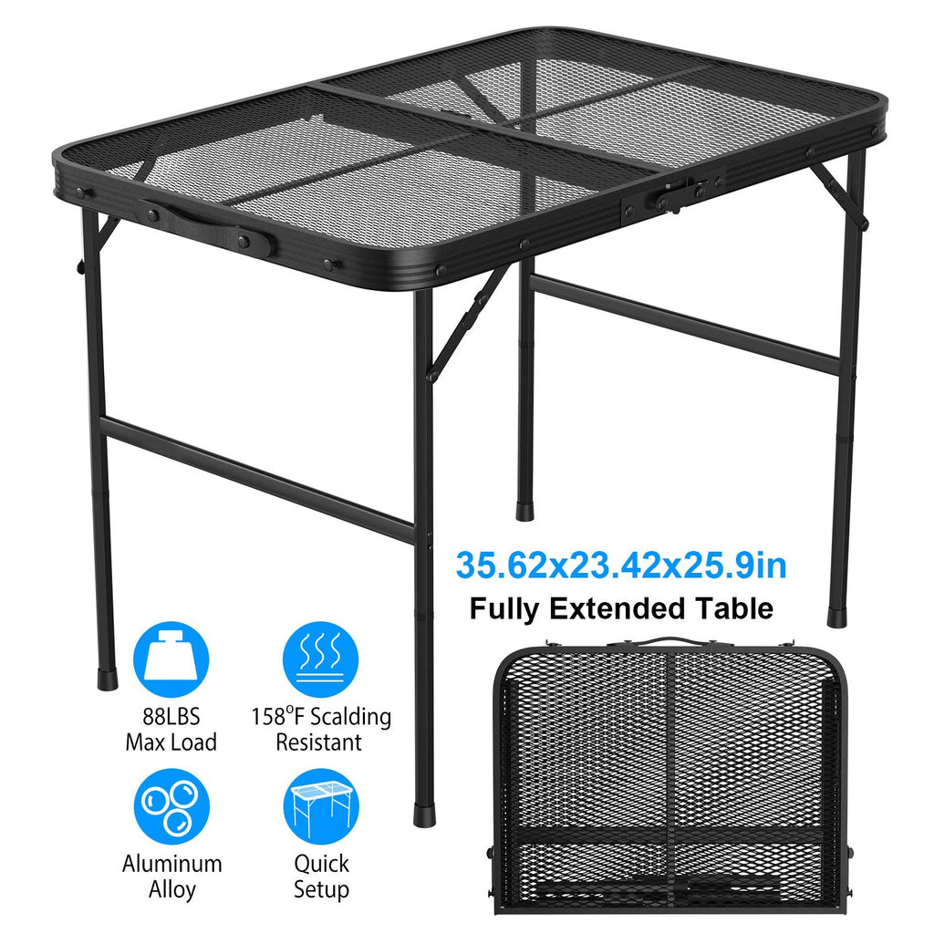 35.62x23.42x25.9in Foldable Camping Table Collapsible Picnic Aluminum Alloy Grill Stand 88LBS Max Load Height Adjustable BBQ Table