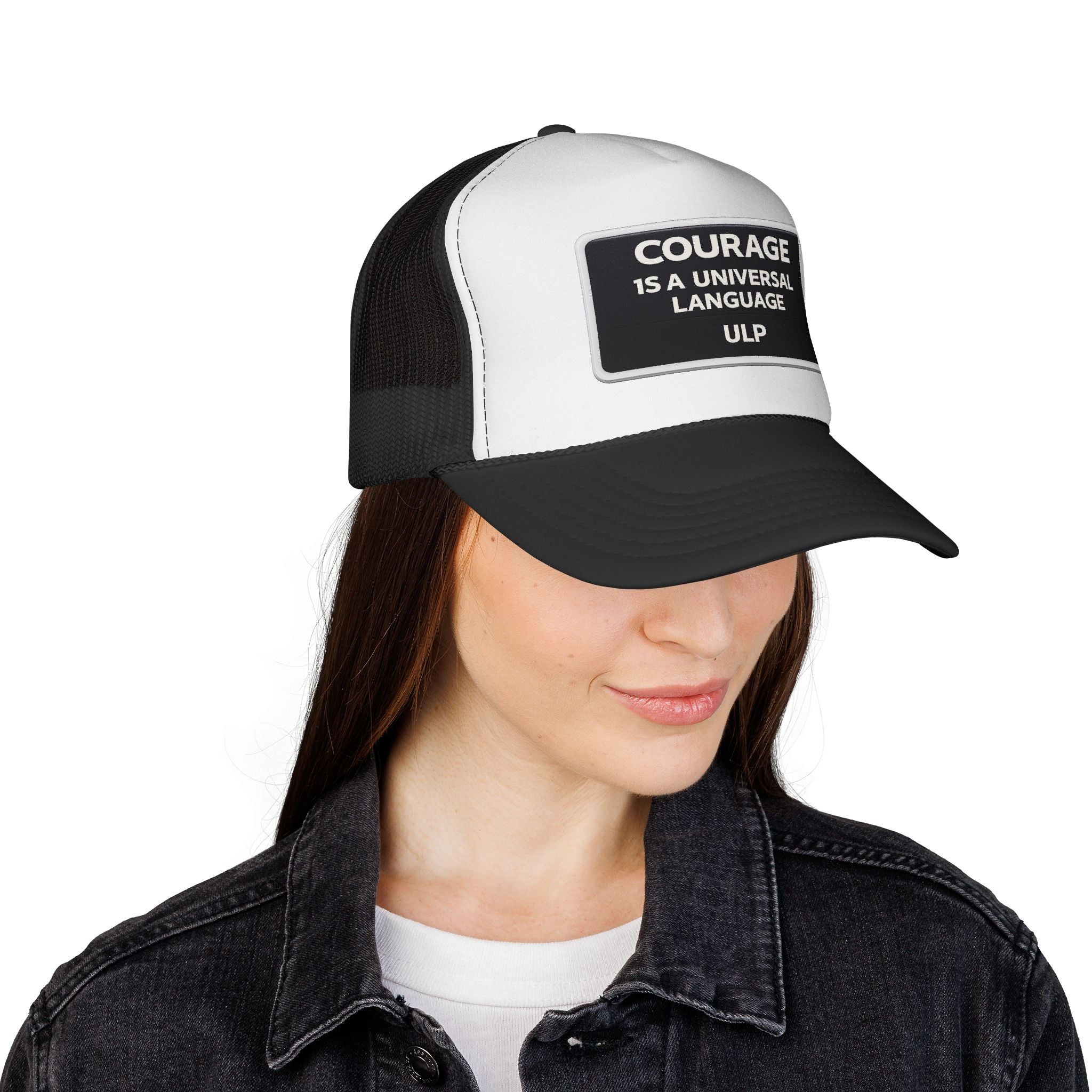 Courage Patch Trucker Cap — "Courage Is A Universal Language" Mesh Hat