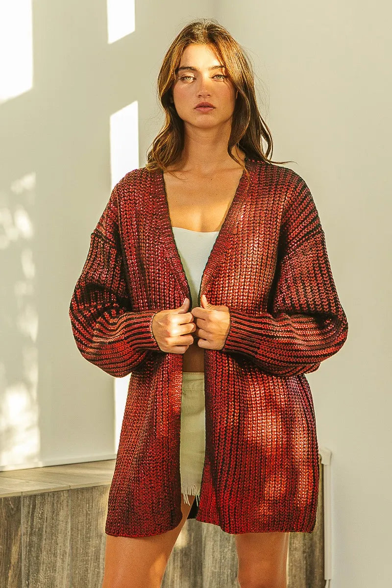 BiBi Metallic Knit V-neck Open Sweater Cardigan