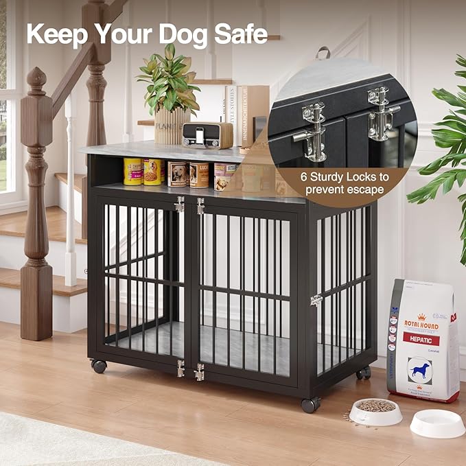 39.4" Dog Crate Furniture for Medium and Large Breed, Dog Kennel Furniture with Storage Shelf & Lockable Wheels, Heavy Duty Wooden End Side Table Pet Cage Indoor, Chew - Resistant, Grey - PhishStones Products