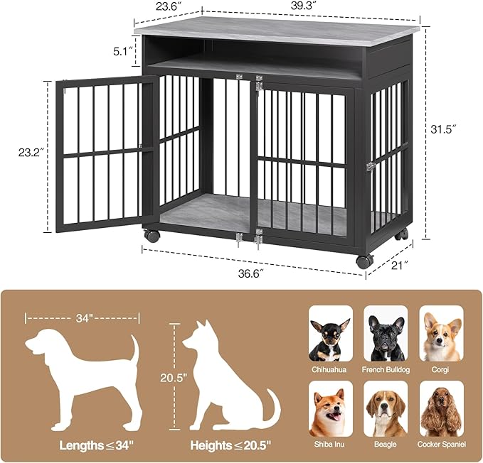 39.4" Dog Crate Furniture for Medium and Large Breed, Dog Kennel Furniture with Storage Shelf & Lockable Wheels, Heavy Duty Wooden End Side Table Pet Cage Indoor, Chew - Resistant, Grey - PhishStones Products