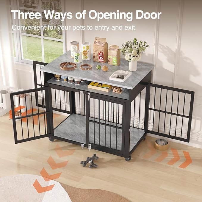 39.4" Dog Crate Furniture for Medium and Large Breed, Dog Kennel Furniture with Storage Shelf & Lockable Wheels, Heavy Duty Wooden End Side Table Pet Cage Indoor, Chew - Resistant, Grey - PhishStones Products