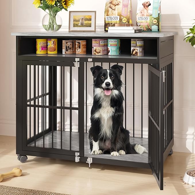 39.4" Dog Crate Furniture for Medium and Large Breed, Dog Kennel Furniture with Storage Shelf & Lockable Wheels, Heavy Duty Wooden End Side Table Pet Cage Indoor, Chew - Resistant, Grey - PhishStones Products