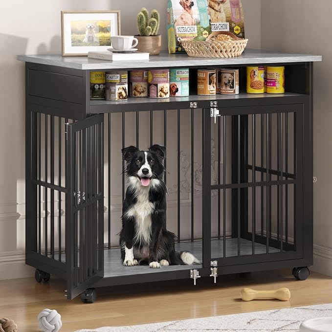 39.4" Dog Crate Furniture for Medium and Large Breed, Dog Kennel Furniture with Storage Shelf & Lockable Wheels, Heavy Duty Wooden End Side Table Pet Cage Indoor, Chew - Resistant, Grey - PhishStones Products