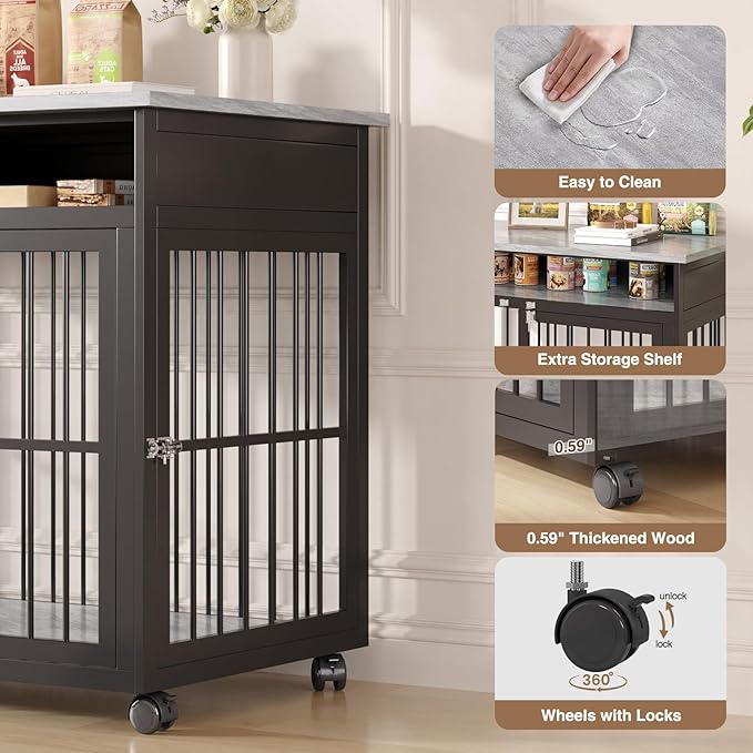 39.4" Dog Crate Furniture for Medium and Large Breed, Dog Kennel Furniture with Storage Shelf & Lockable Wheels, Heavy Duty Wooden End Side Table Pet Cage Indoor, Chew - Resistant, Grey - PhishStones Products