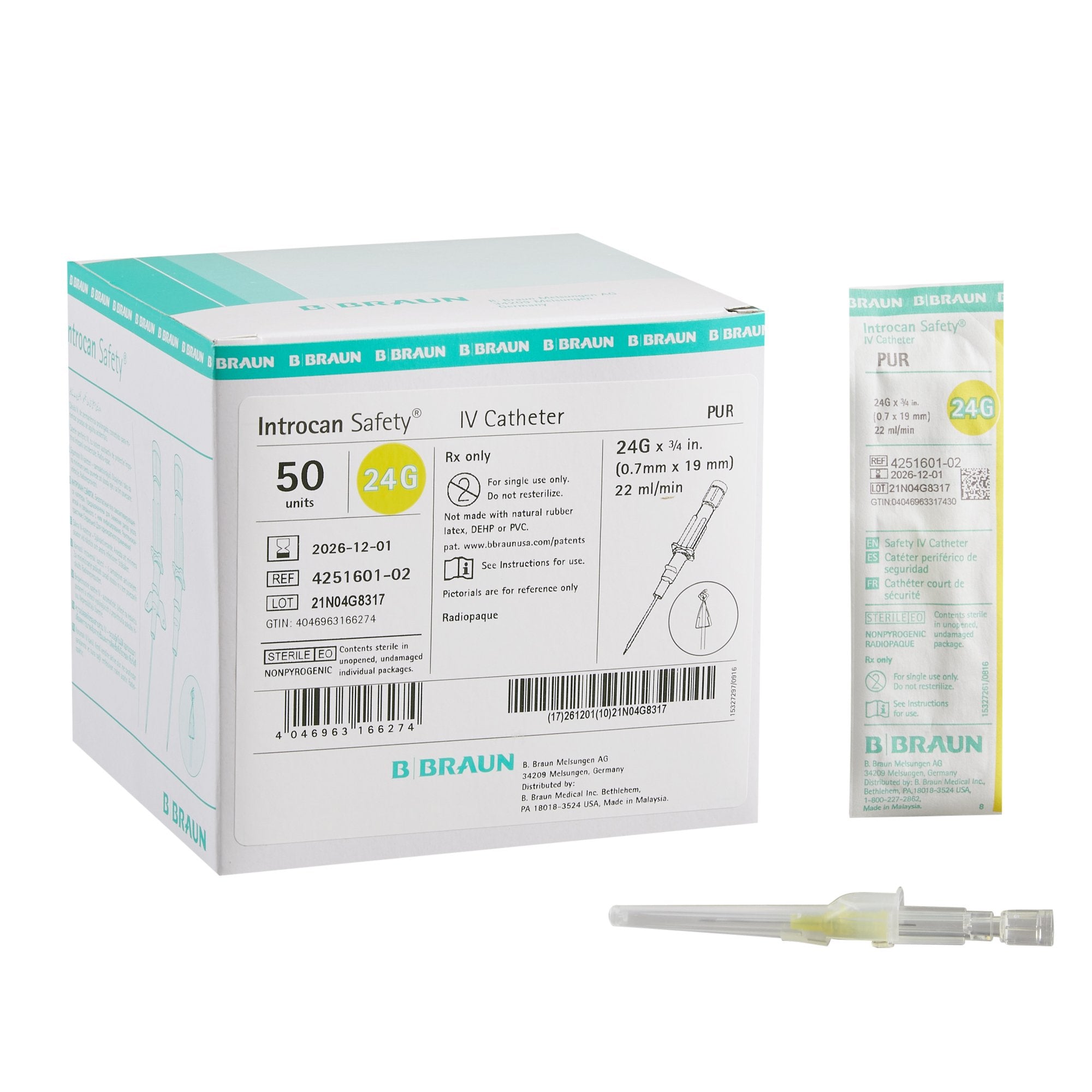 Peripheral IV Catheter Introcan Safety® 24 Gauge 3/4 Inch Polyurethane Straight Hub Non Blood Control Passive Safety - 4251601-02