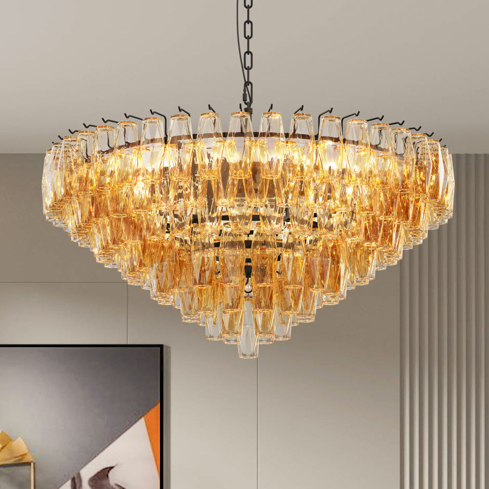 Tiered Smoke Glass Chandelier | 14-Light Round or 12-Light Rectangular, Brushed Black or Gold Metal Frame — 37" or 54", Dimmable