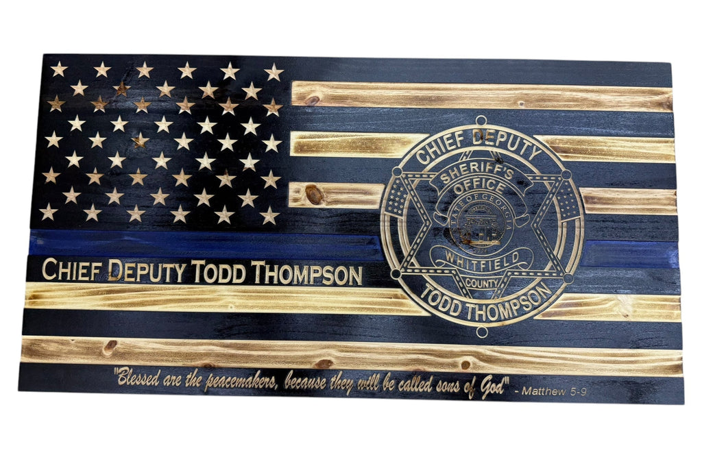 Custom Thin Blue Line Wooden Flag with Engraved Police Badge