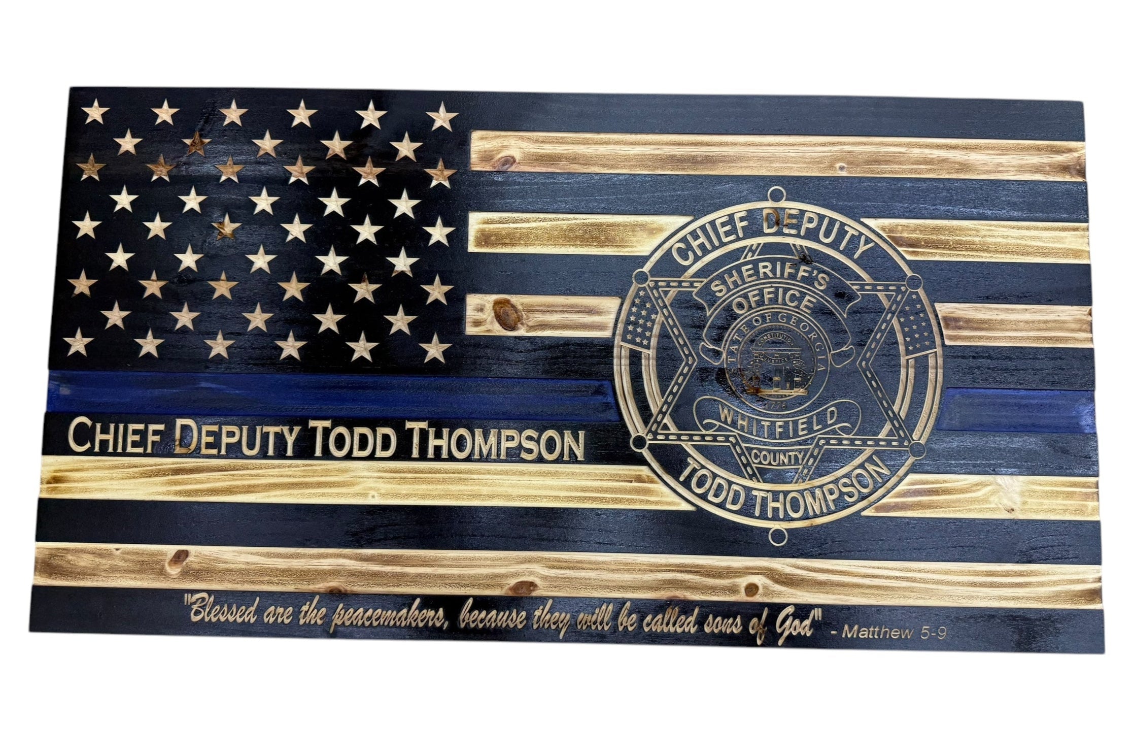 Custom Thin Blue Line Wooden Flag with Engraved Police Badge