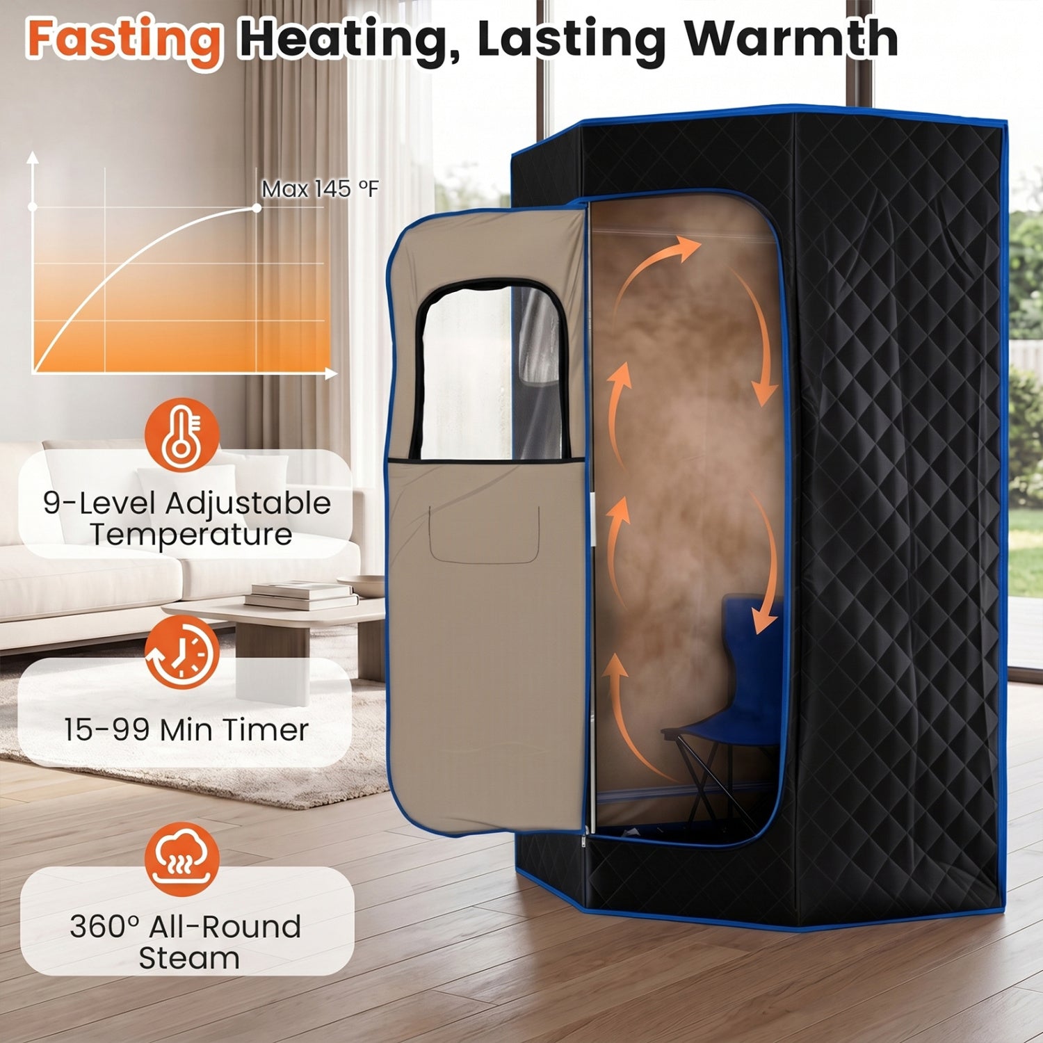 3L Portable Steam Sauna for Home Fast-Heat with 9-Level Remote Control and Folding Chair