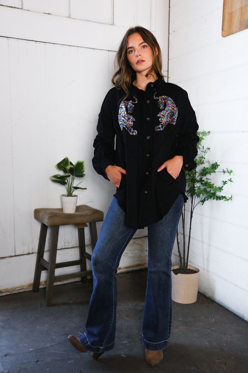 Tiger Sequin Applique Button Down Jacket (2 colors)