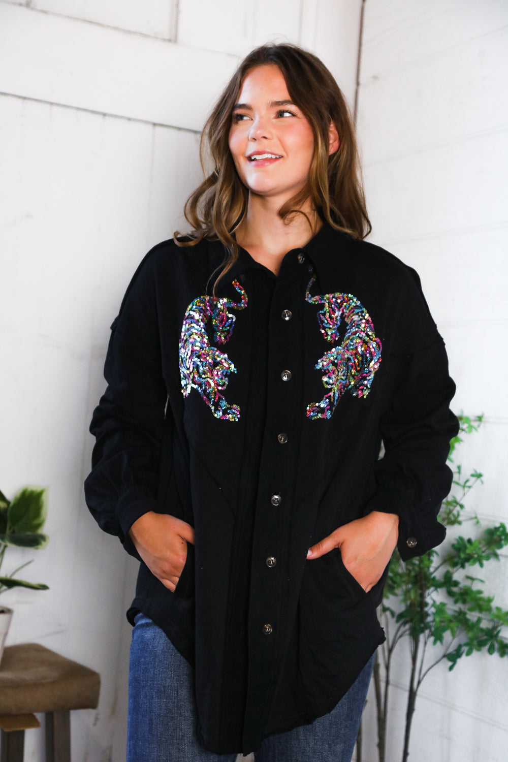 Tiger Sequin Applique Button Down Jacket (2 colors)