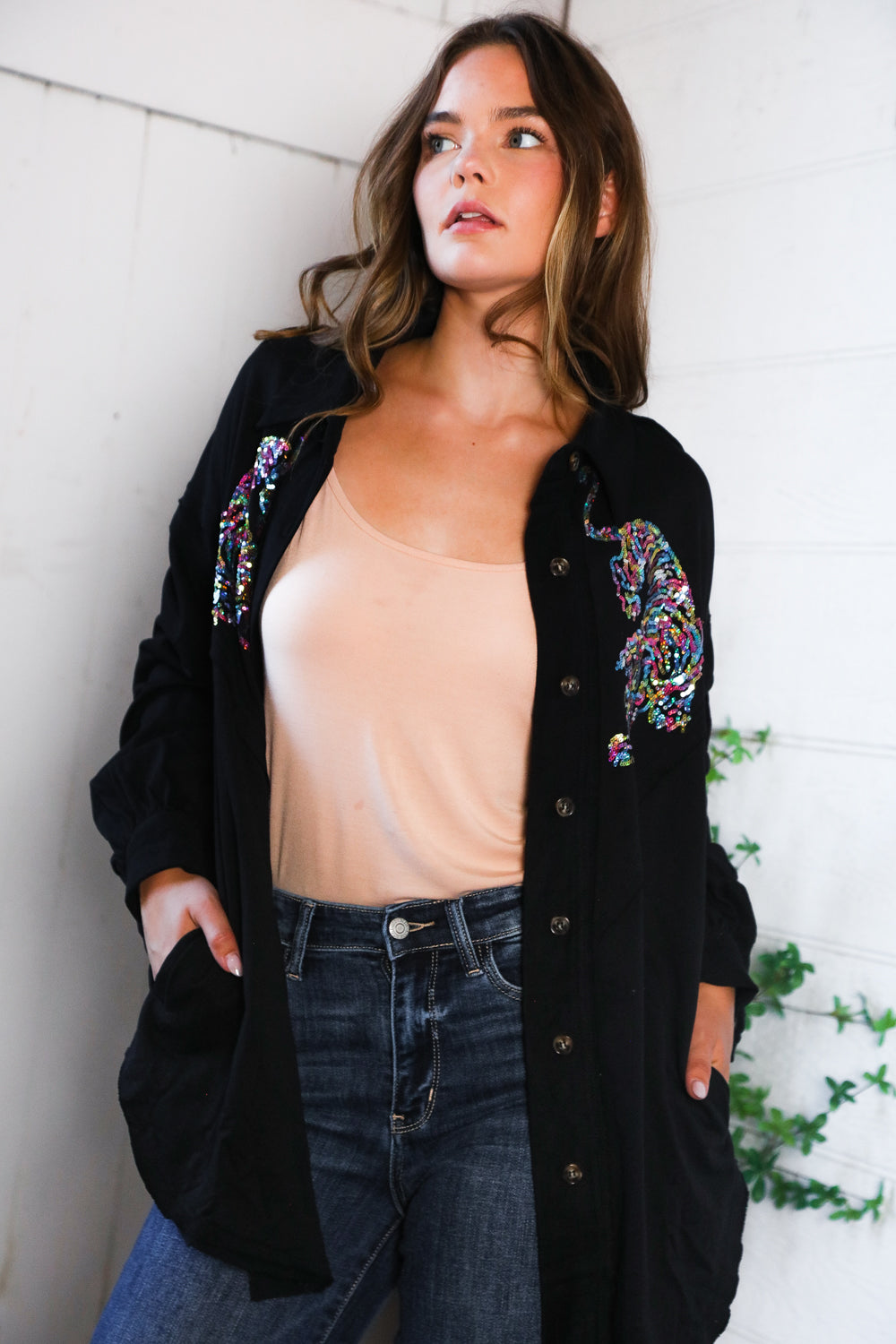 Tiger Sequin Applique Button Down Jacket (2 colors)