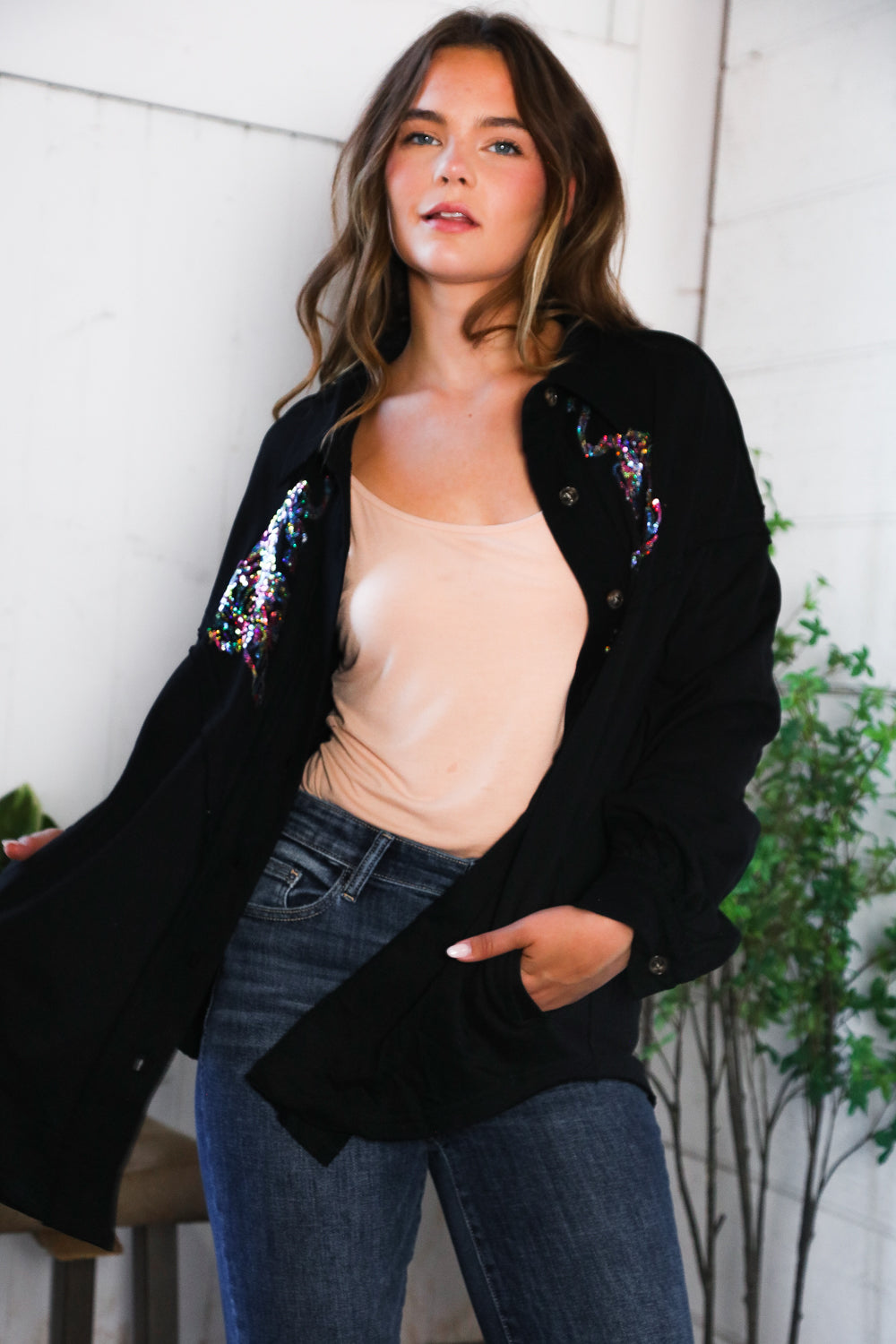 Tiger Sequin Applique Button Down Jacket (2 colors)