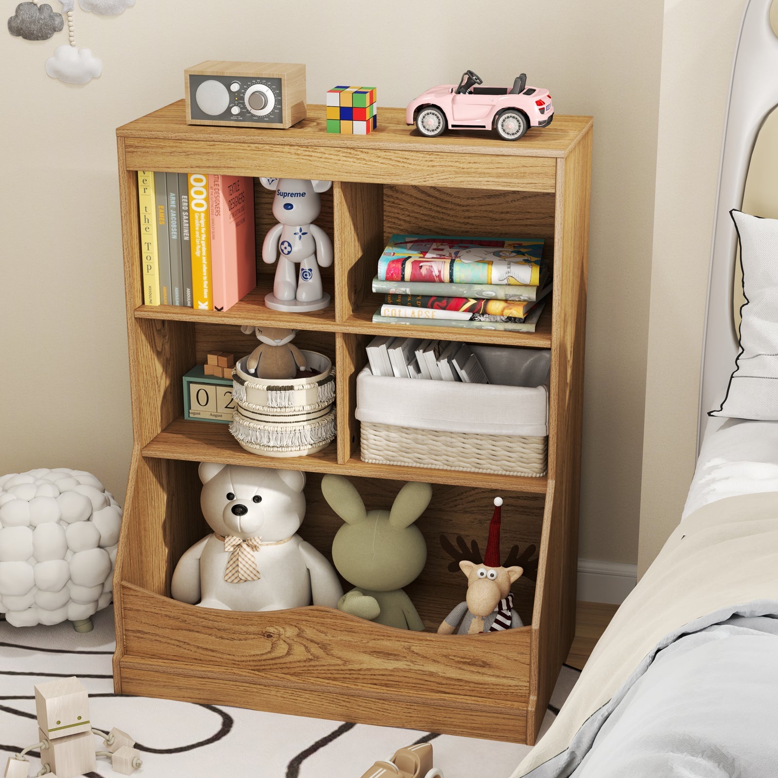 3-Tier Children's Multi-Functional Bookcase Toy Storage Bin Floor Cabinet-Natural