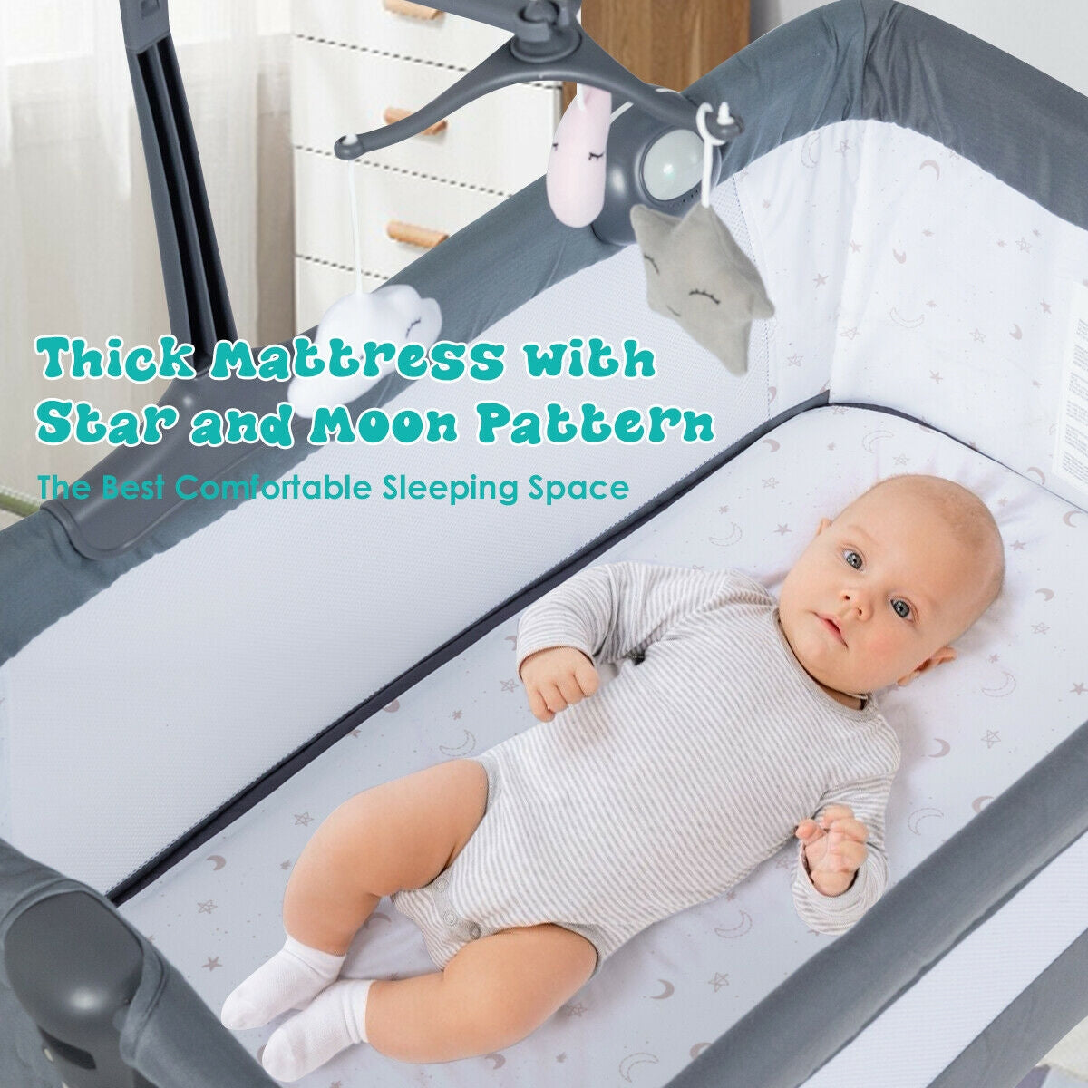 Height Adjustable Baby Side Crib with Music Box & Toys-Dark Gray