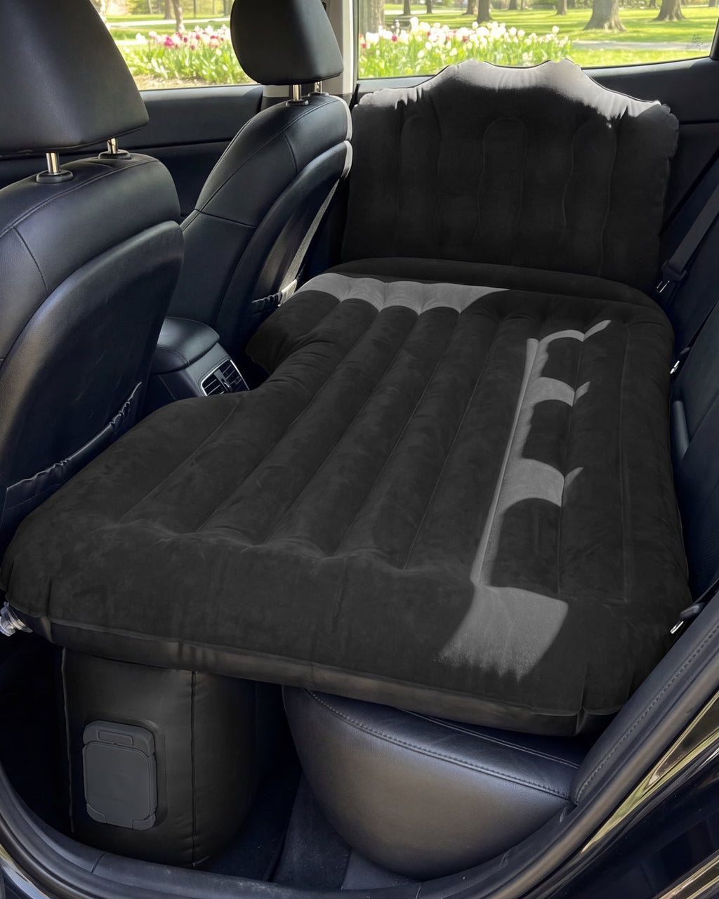 Umbrauto Back Seat Car Air Mattress with Built-in Rechargeable Pump: Cordless Inflatable Car Bed for Rear Seat Camping, 1-Click Fast Setup Thickened Flocking Sleeping Pad for Sedan, Truck & SUV