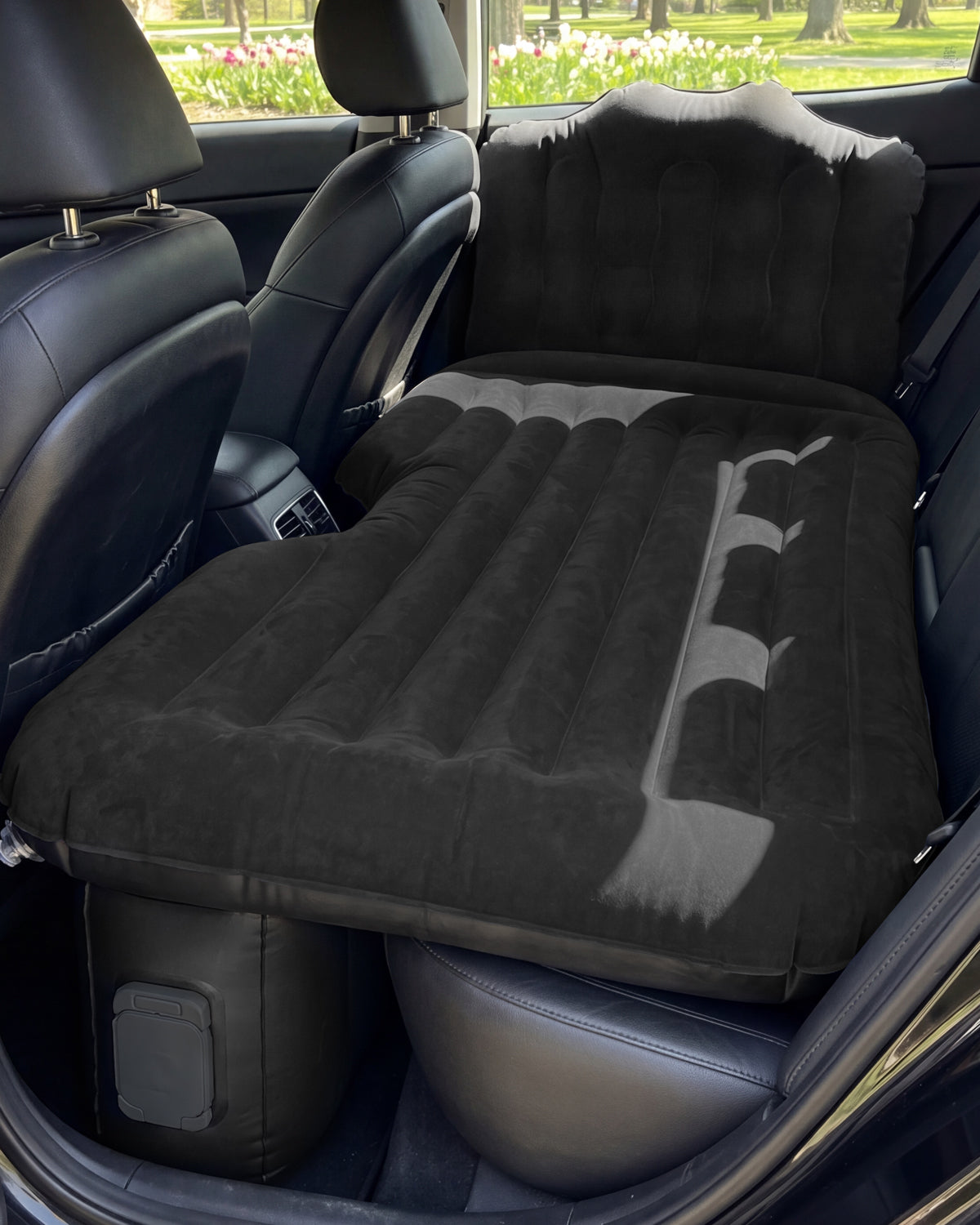 Umbrauto Back Seat Car Air Mattress with Built-in Rechargeable Pump: Cordless Inflatable Car Bed for Rear Seat Camping, 1-Click Fast Setup Thickened Flocking Sleeping Pad for Sedan, Truck & SUV