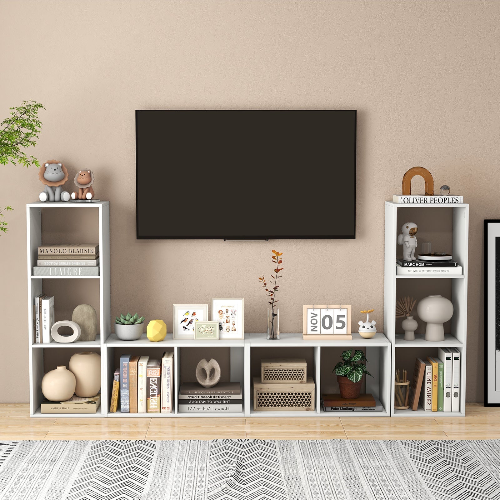 3 Cube Bookshelf with Back Guardrail for Living Room Bedroom