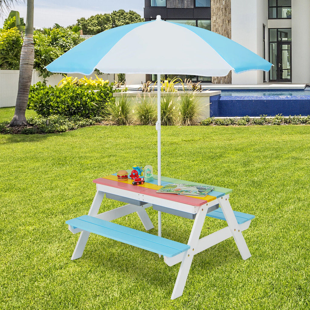 3-in-1 Kids Outdoor Picnic Water Sand Table with Umbrella Play Boxes-Blue