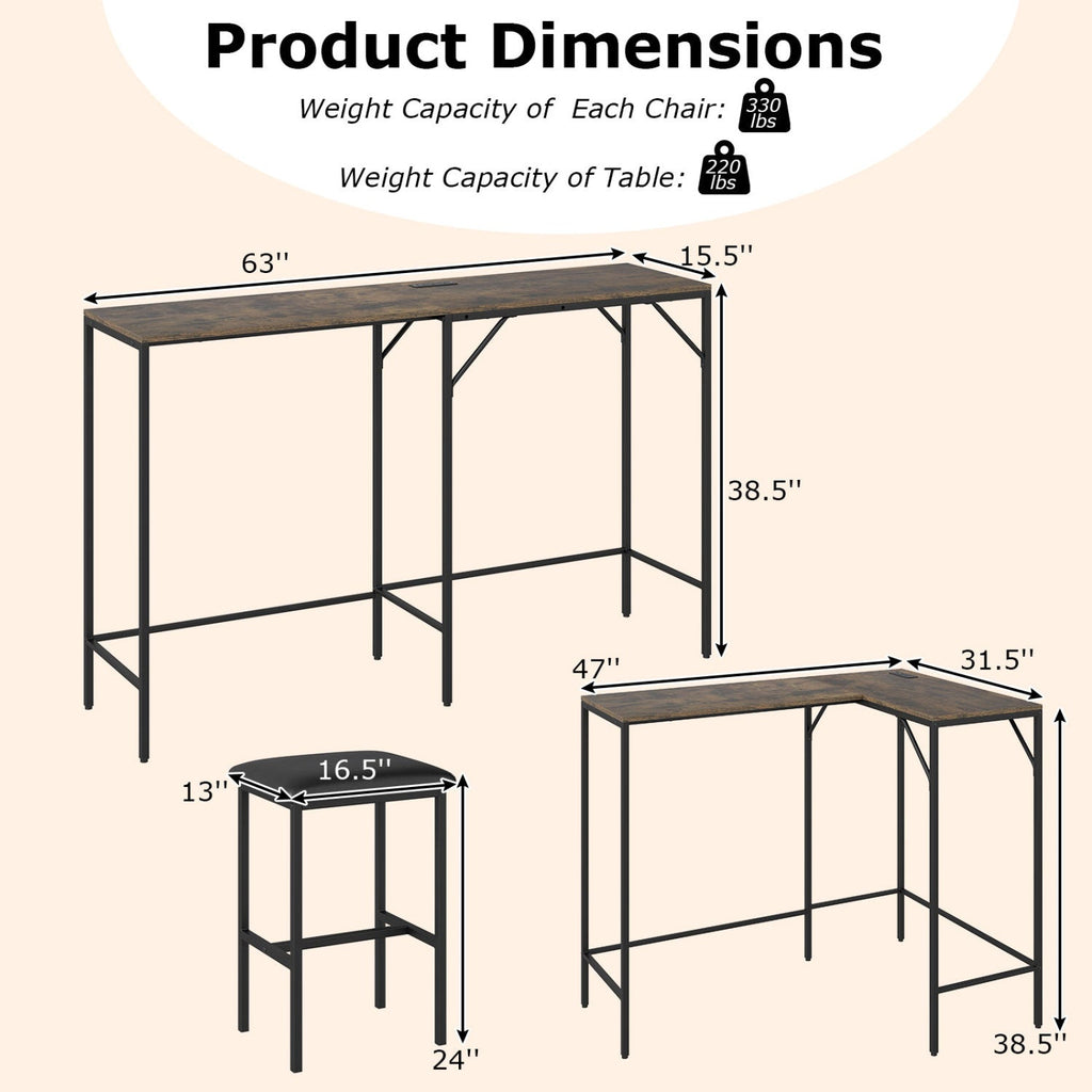3-Piece Convertible Dining Set with Built-In Charging Station